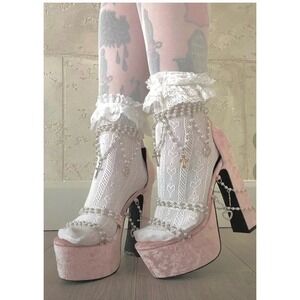 Sugar Thrillz Pink Crushed Velvet Pearl Charm Platform Sandals Heels 12